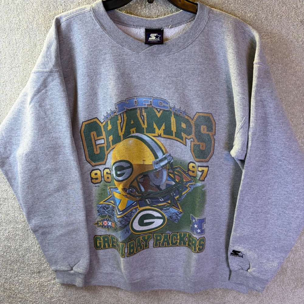 Vintage Starter Sweatshirt Men Large Gray Green Bay Packers NFC Champs 96 97 USA